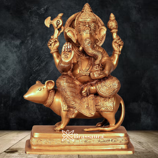 Brass Ganesha On Rat Statue Weight 3.7 Kg & Height 10 Inch