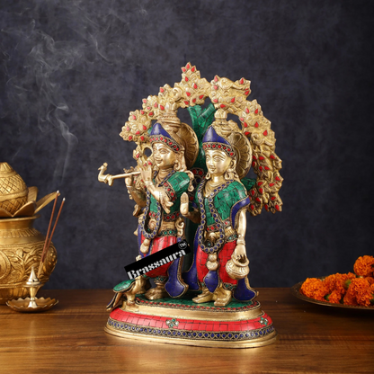 Brassaura™ Pure Superfine Brass Radha Krishna Idols with Kalpavriksha & Peacock – 14 Inch Height, 8.5 Kg Pair | Intricate Meenakari Stonework
