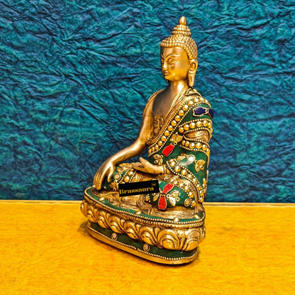 Brassaura™ Brass Buddha Statue in Bhoomisparsha Sakhyamuni Mudra – Height 7.5 Inches | Weight 1.7 Kgs | Stone & Brass Work