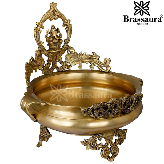Brassaura® Ganesha Brass Urli with Peacock Motifs | Handcrafted Decorative Centerpiece | Height 14 Inches & Weight 7 Kgs