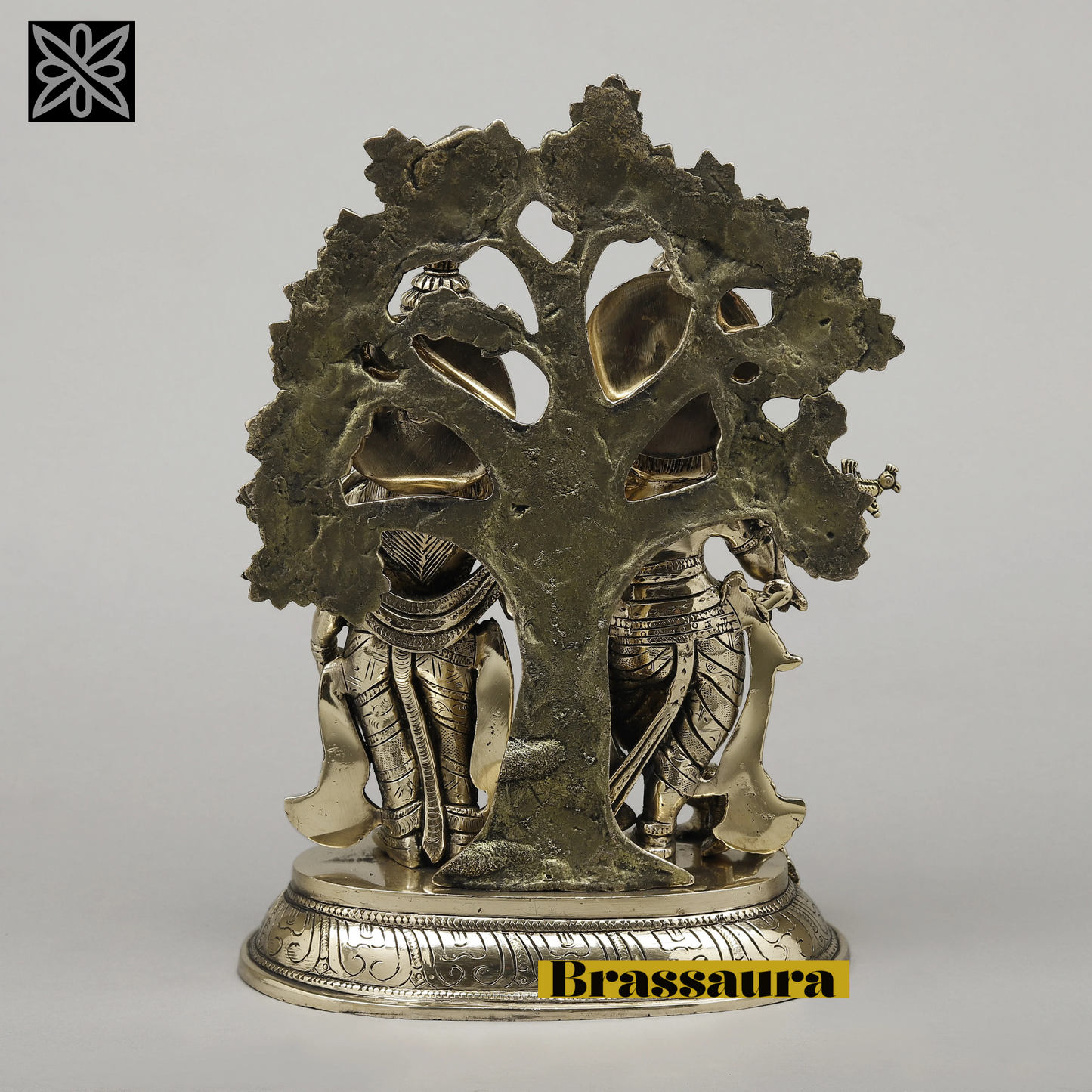 Brassaura™ Pure Brass Radha Krishna Under Tree Idol – 13.5 Inch Height, 7.860 Kg Weight – Golden Finish Statue