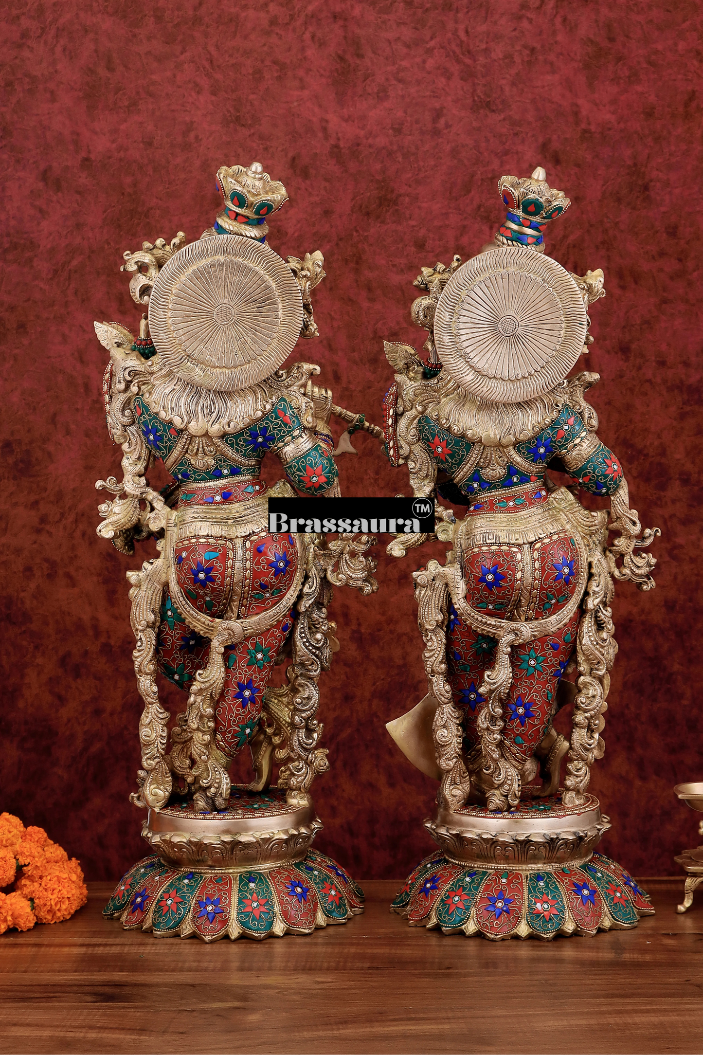 Brassaura™ Pure Brass Radha Krishna Statue with Triple-Layered Meenakari – Height 27 Inches & Weight 40 Kgs | Majestic Devotional Idol