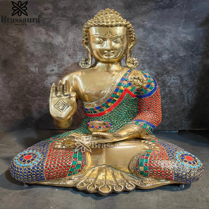 Brass Blessing Gem Stone Work Multicolored Buddha Weight 17.5 kg & Height 19 Inch