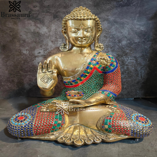 Brass Blessing Gem Stone Work Multicolored Buddha Weight 17.5 kg & Height 19 Inch