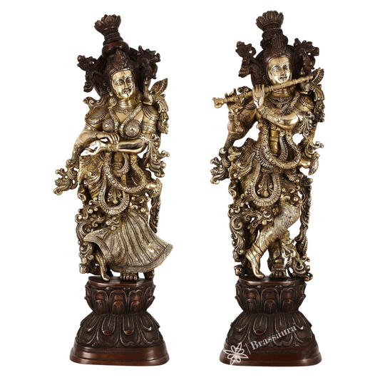 Brassaura™ Antique Brass Handcrafted Radha Krishna Statue – 30 Inch Height, 33 Kg | Intricate Detailing & Vintage Finish