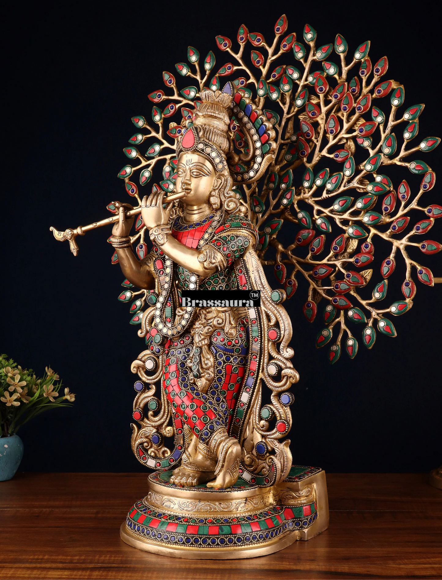 Brassaura™ Brass Krishna under Kalpavriksha with Stonework – Height 23 Inches & Weight 14.5 Kgs