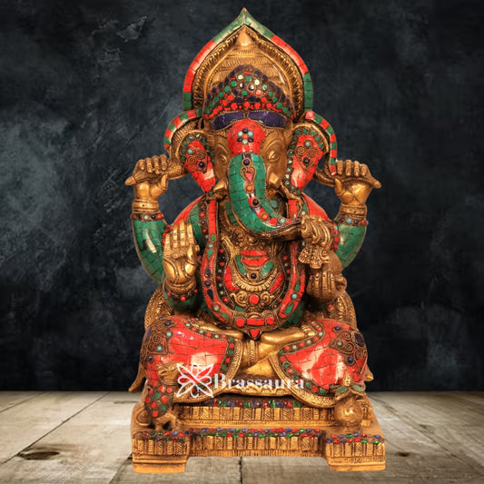 Brass Gem Stone Work Ganesha Statue Weight 16.9 Kg & Height 18 Inch