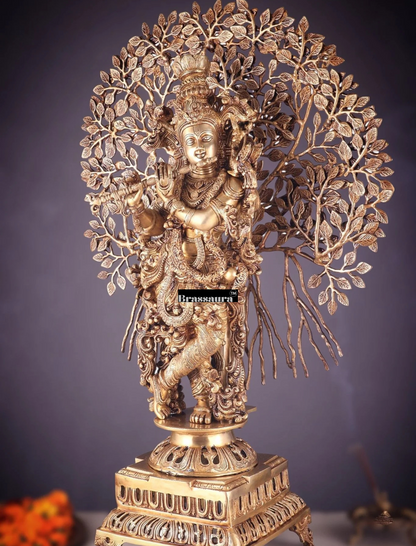 Brassaura™ Handcrafted Brass Lord Krishna with Kalpavriksha Statue – Height 36 Inches & Weight 32 Kgs