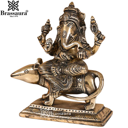 Brass Ganesha On Rat Statue Weight 2 Kg & Height 7 Inch