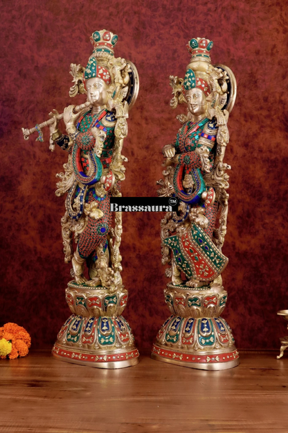 Brassaura™ Handmade Brass Radha Krishna Idol Pair with Meenakari – Height 30 & 29 Inches & Weight 35 Kgs | Elegant Devotional Statues
