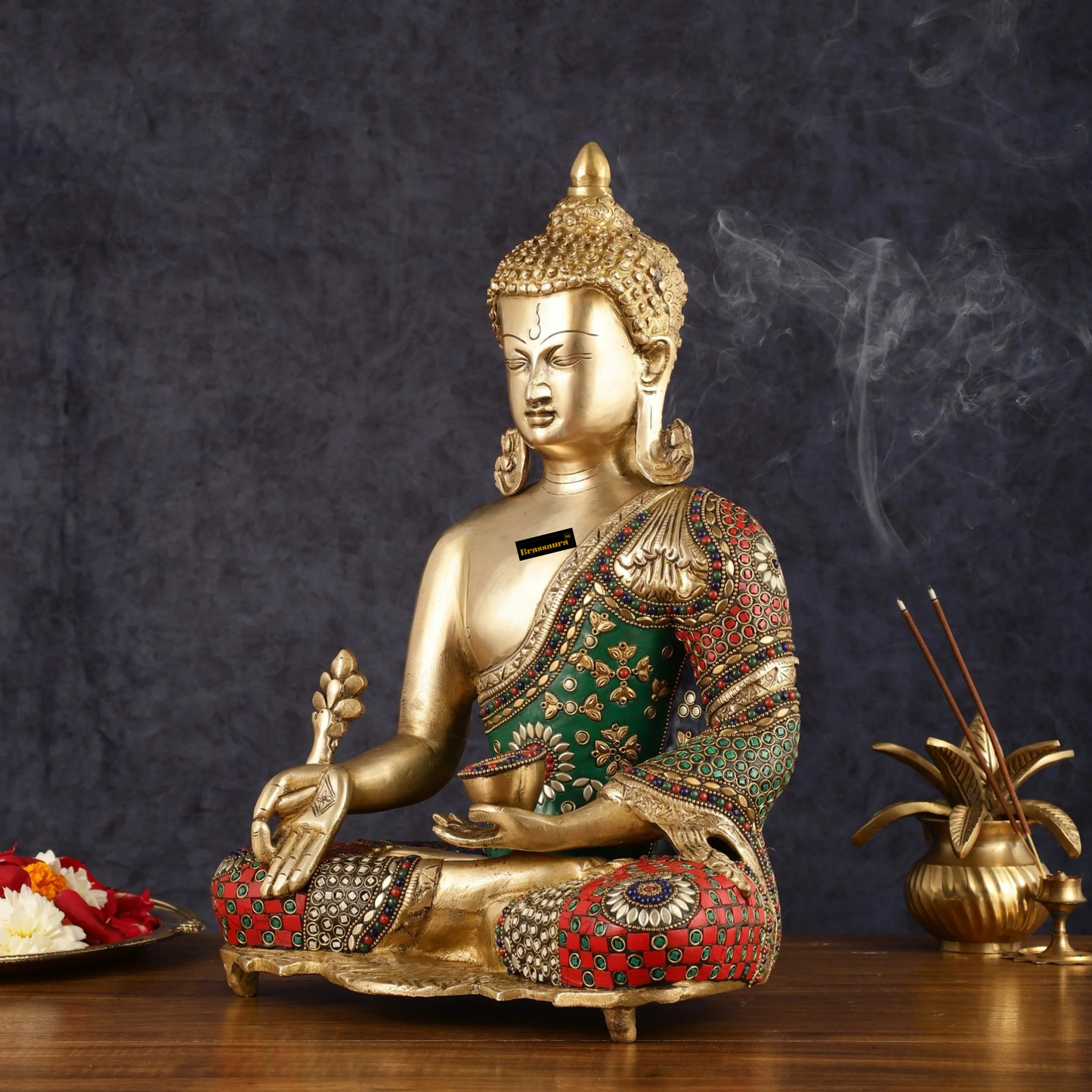 Brassaura™ Pure Brass Medicine Healing Buddha Statue with Meenakari Work – Height 16 Inches, Weight 11 Kgs