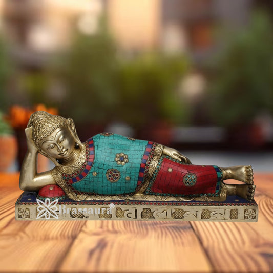 Brass Gem Stone Work Sleeping Buddha Weight 10 kg & Height 9 Inch