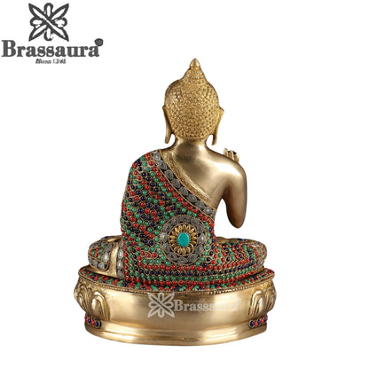 Brass Blessing Gem Stone Work Multicolored Buddha Weight 6.7 kg & Height 13 Inch