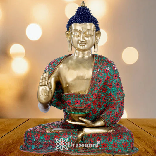 Brass Blessing Gem Stone Work Buddha Weight 37 kg & Height 28 Inch