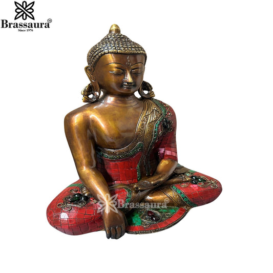 Brassaura® Buddha Bhumisparsha Mudra Sitting Idol with Red & Green Gem Stone Work Finish | Pure Superfine Brass Handcrafted Murti | Brass Statue for Home Temple, Pooja Room | Height 12.5 Inches | Weight 6.4 Kgs