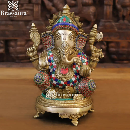 Brass Gem Stone Work Ganesha Weight 7 Kg & Height 12 Inch