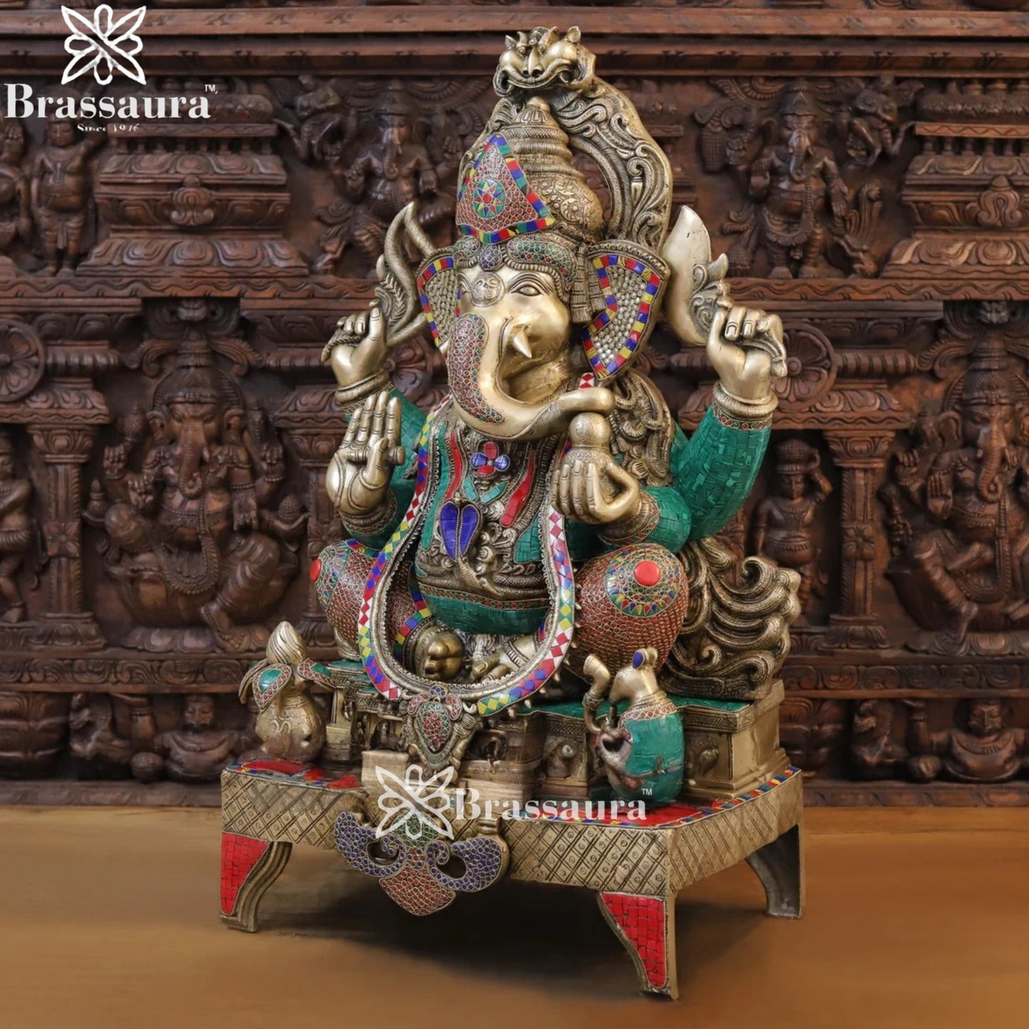Brass Gem Stone Work Jewellery Ganesha Weight 61.5 Kg & Height 34 Inch