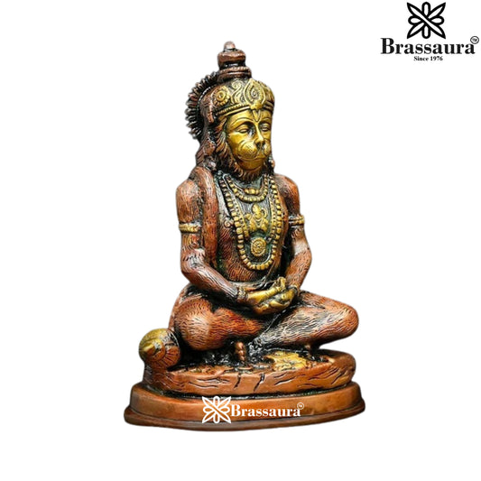 Brassaura® Hanuman Yogachara Meditation Pose Idol with Brown With Natural Brass Finish | Pure Superfine Brass Handcrafted Murti | Brass Statue for Home Temple, Pooja Room | Height 7.4 Inches | Weight 1.64 Kgs