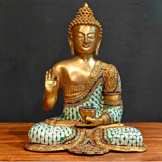 Brassaura™ Pure Brass Lord Buddha Statue in Aashirwaad Abhaya Mudra with Medicine Bowl – Height 17 Inches, Weight 11 Kgs