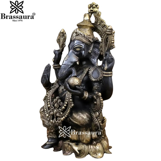 Brassaura® Antique Black Patina Ganesha Brass Idol | Ornate Traditional Artwork | Height 21 Inches