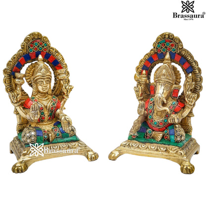 Brass Gem Stone Work Lakshmi Ganesh Weight 3 Kg & Height 6 Inch