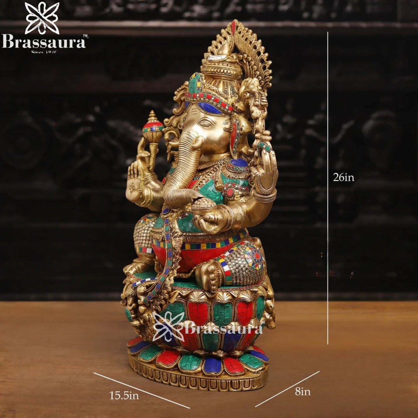 Brass Gem Stone Work Lotus Ganesha Weight 35 Kg & Height 26 Inch