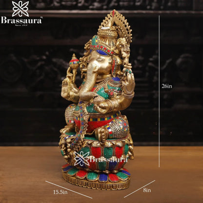Brass Gem Stone Work Lotus Ganesha Weight 35 Kg & Height 26 Inch