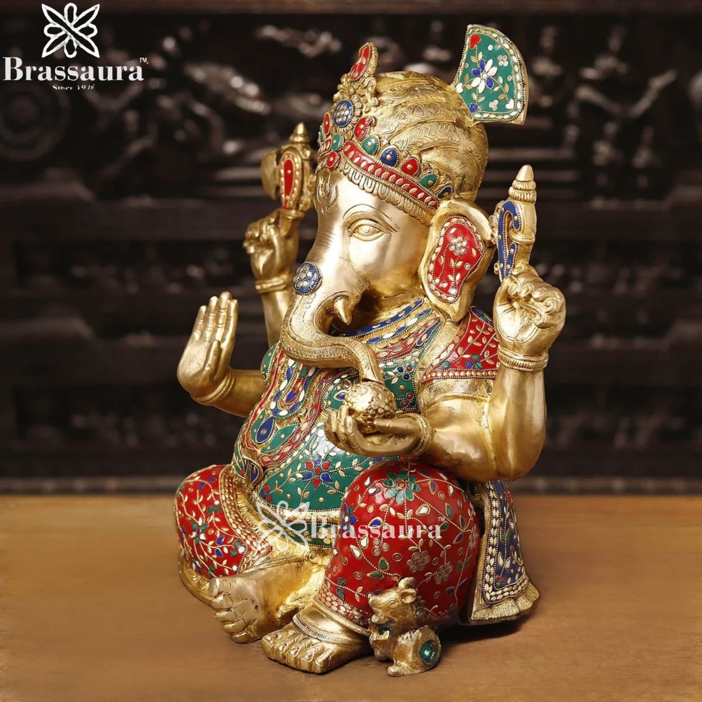 Brass Gem Stone Work Turban Ganesha Weight 27.9 Kg & Height 21 Inch