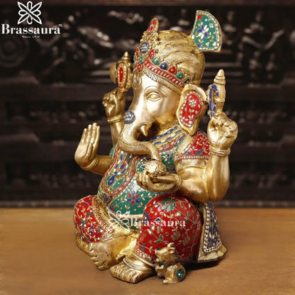 Brass Gem Stone Work Turban Ganesha Weight 27.9 Kg & Height 21 Inch