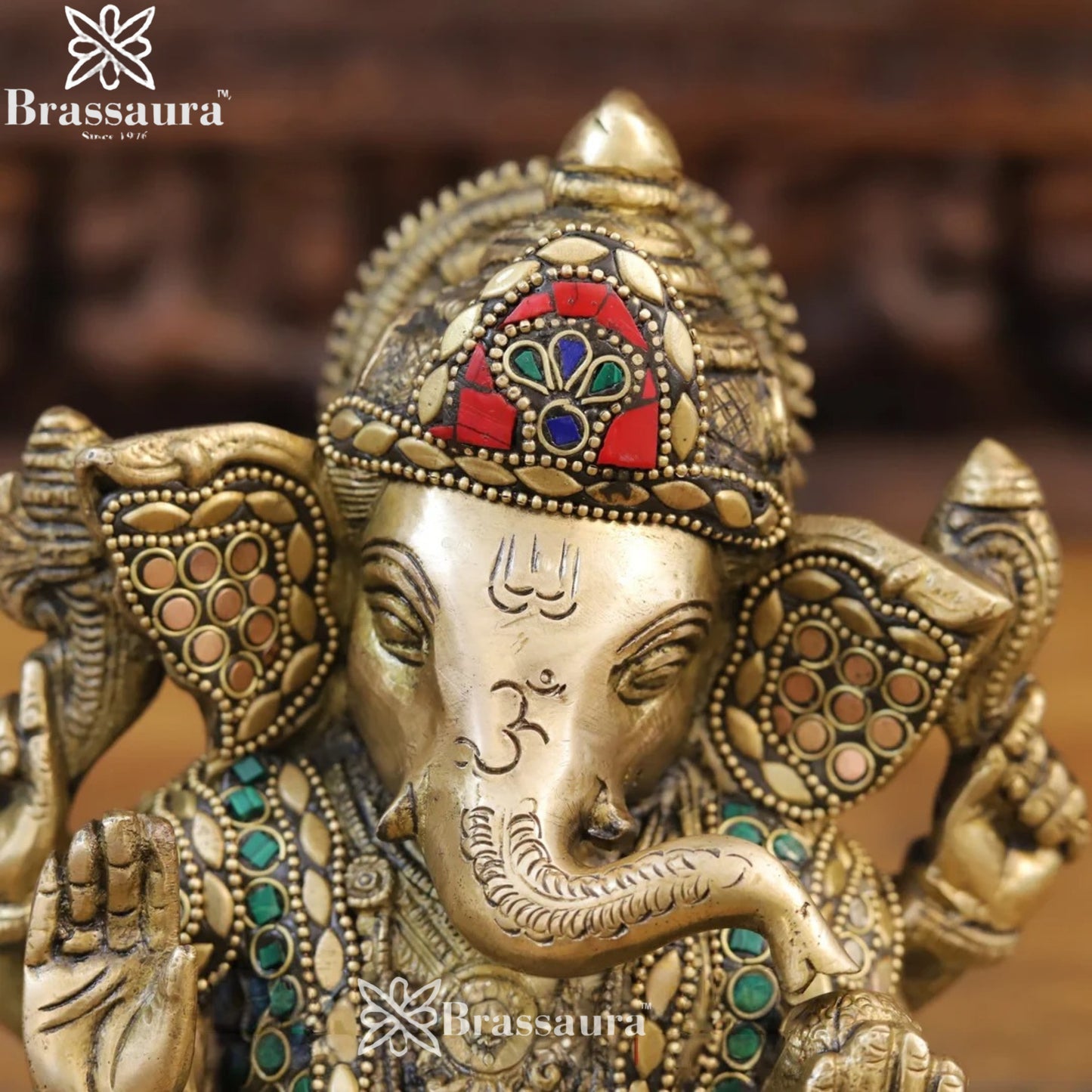 Brass Gem Stone Work Ganesha Weight 3.88 Kg & Height 7.5 Inch