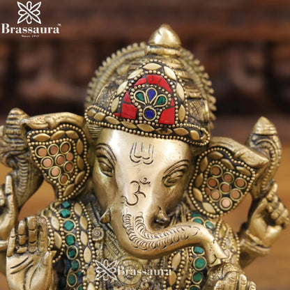 Brass Gem Stone Work Ganesha Weight 3.88 Kg & Height 7.5 Inch