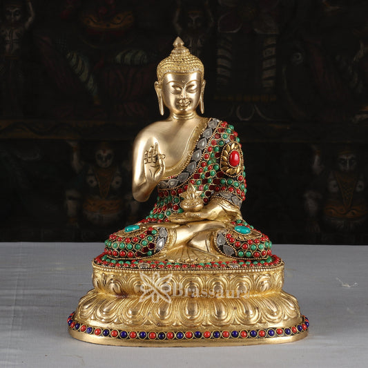 Brass Blessing Gem Stone Work Multicolored Buddha Weight 4.4 kg & Height 11 Inch