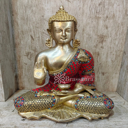 Brass Blessing Gem Stone Work Buddha Weight 10.5 kg & Height 16 Inch