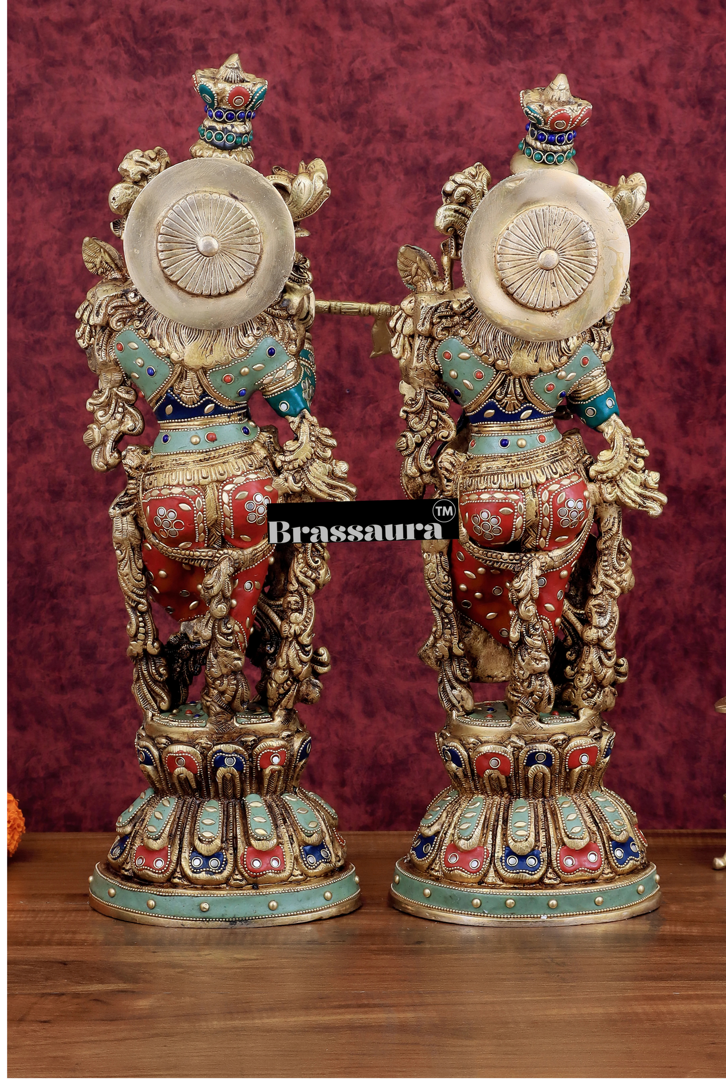 Brassaura™ Brass Radha Krishna Idol Pair – Height 21 Inches & Weight 18 Kgs | Handcrafted Devotional Statues
