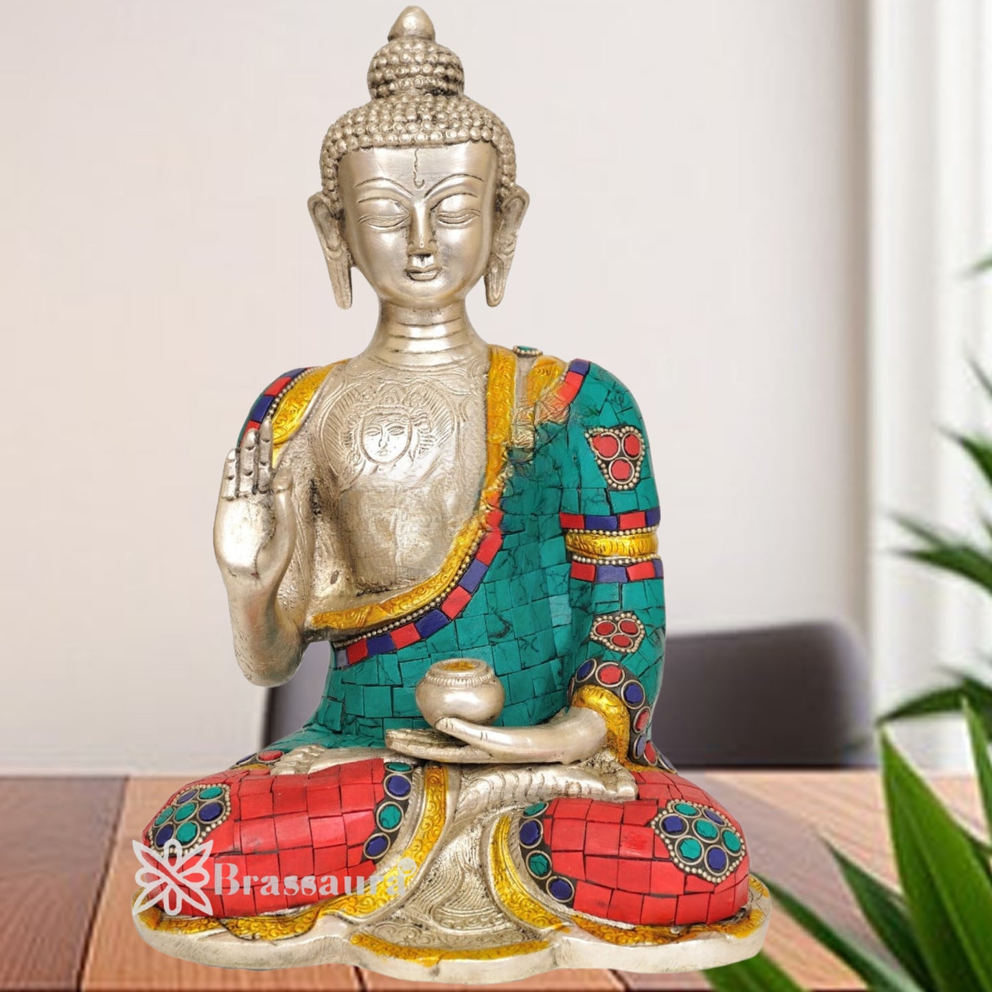 Brass Blessing Gem Stone Work Buddha Weight 4 Kg & Height 10 Inch
