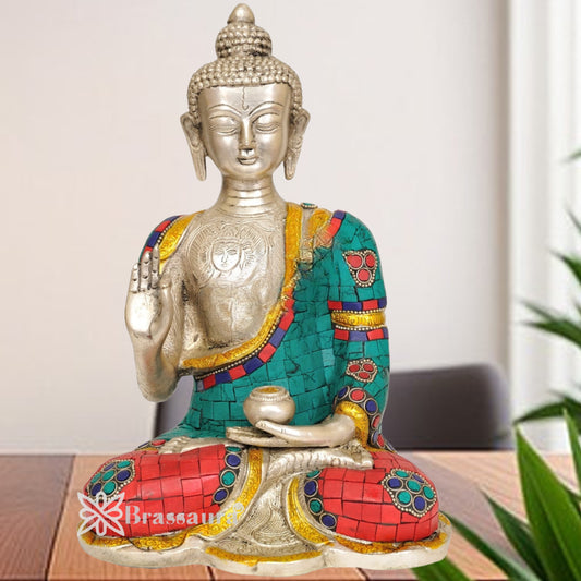 Brass Blessing Gem Stone Work Buddha Weight 4 Kg & Height 10 Inch
