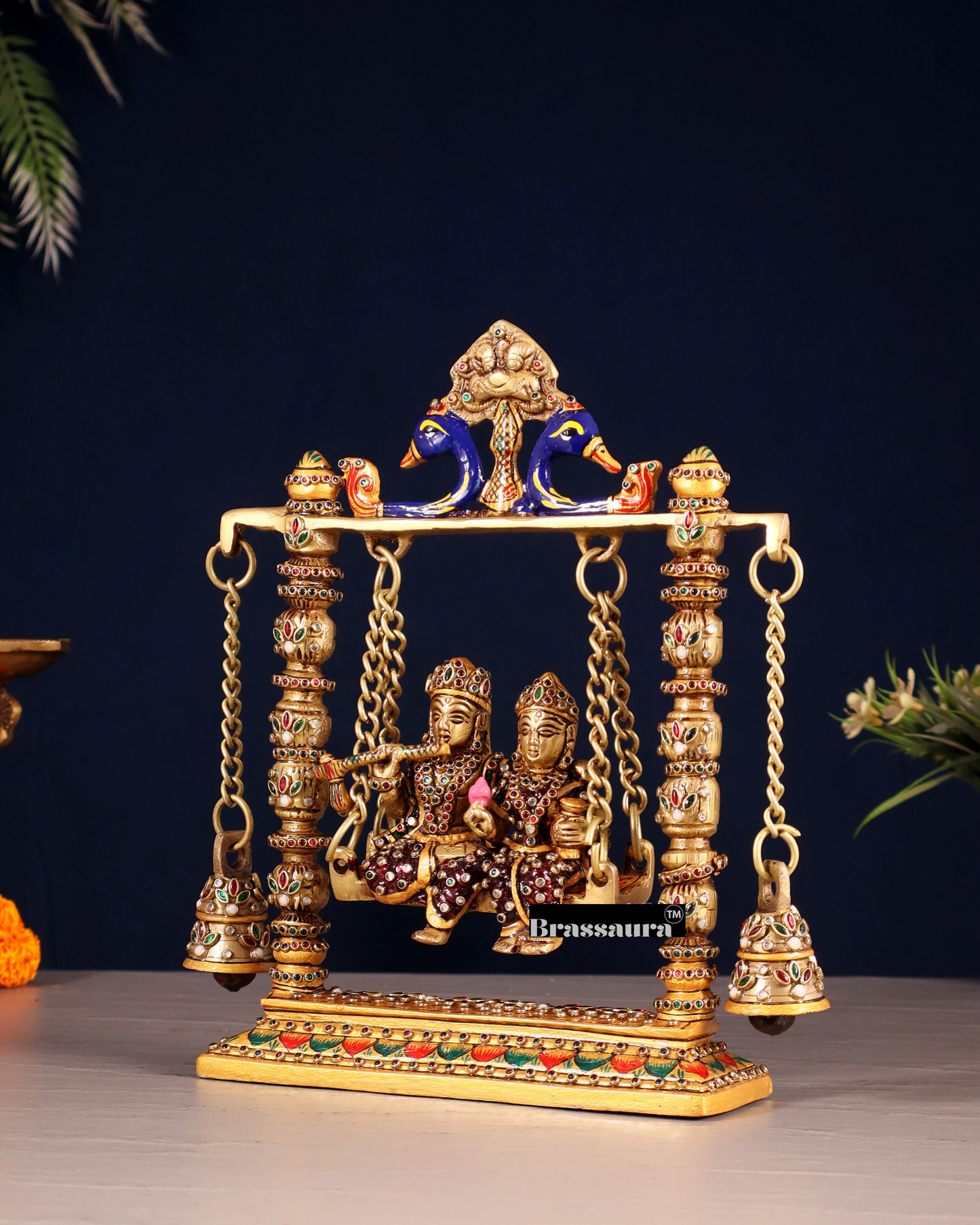 Brassaura™ Brass Radha Krishna Swing Idol with Laakh Meenakari – Height 10 Inches & Weight 2.5 Kgs | Elegant Devotional Statue