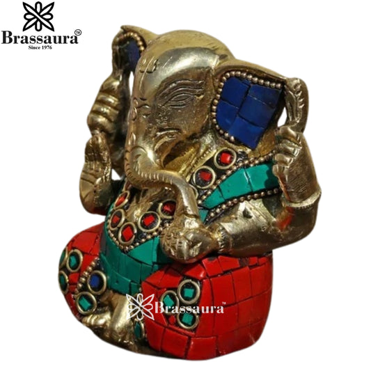 Brassaura® Brass Appu Ganesha Idol with Stonework | Handcrafted Decorative Murti | Height 3.7 Inches