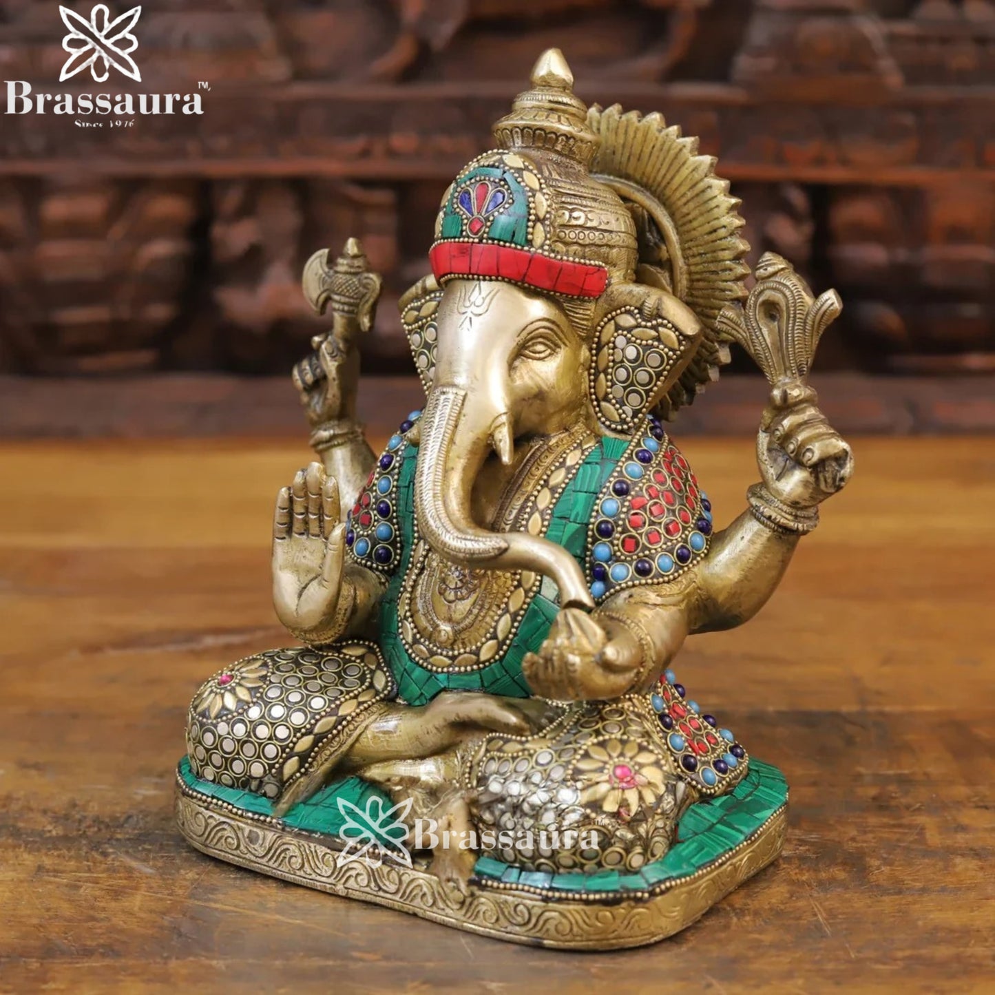 Brass Gem Stone Work Ganesha Weight 5.1 Kg & Height 9 Inch