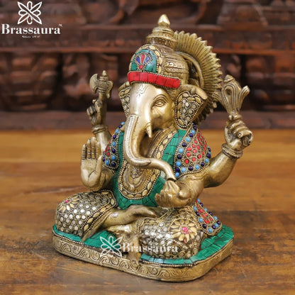 Brass Gem Stone Work Ganesha Weight 5.1 Kg & Height 9 Inch