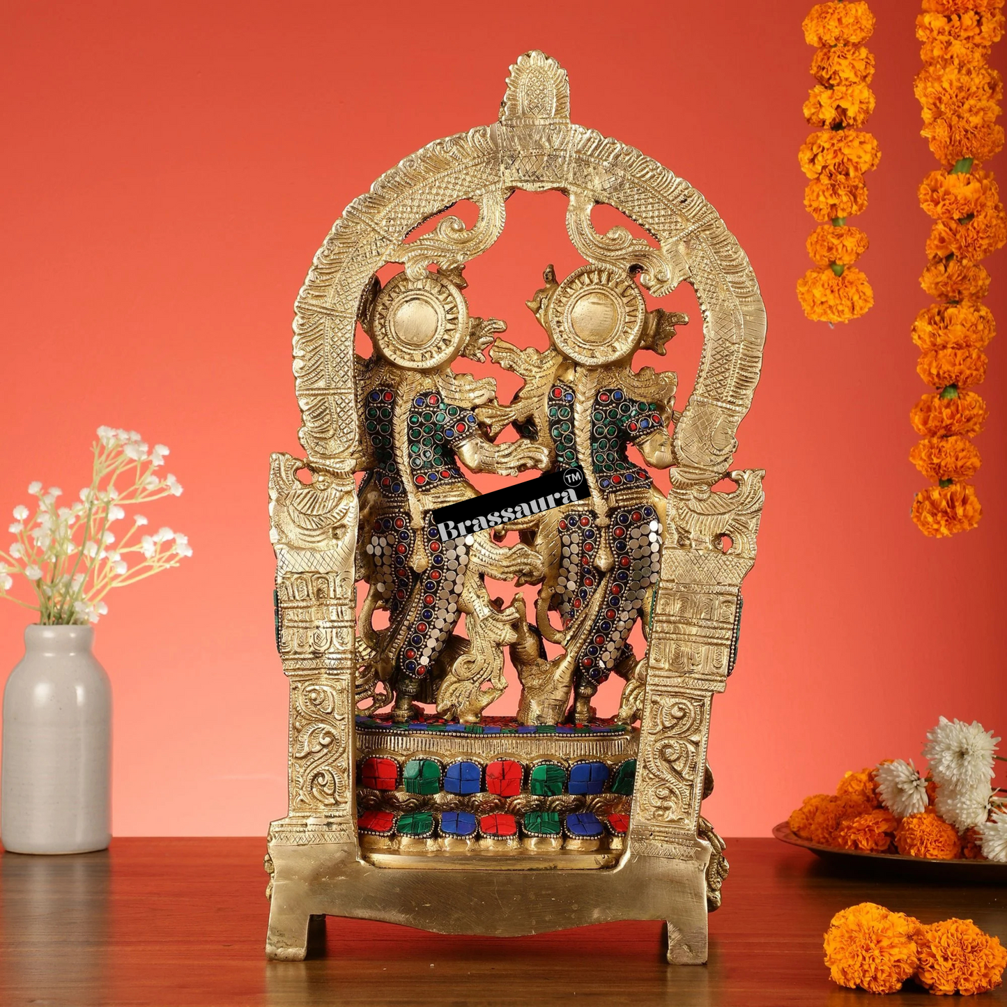 Brassaura™ Brass Radha Krishna Idol Pair with Peacocks & Prabhavali – Height 17.5 Inches & Weight 10 Kgs | Divine Devotional Statue