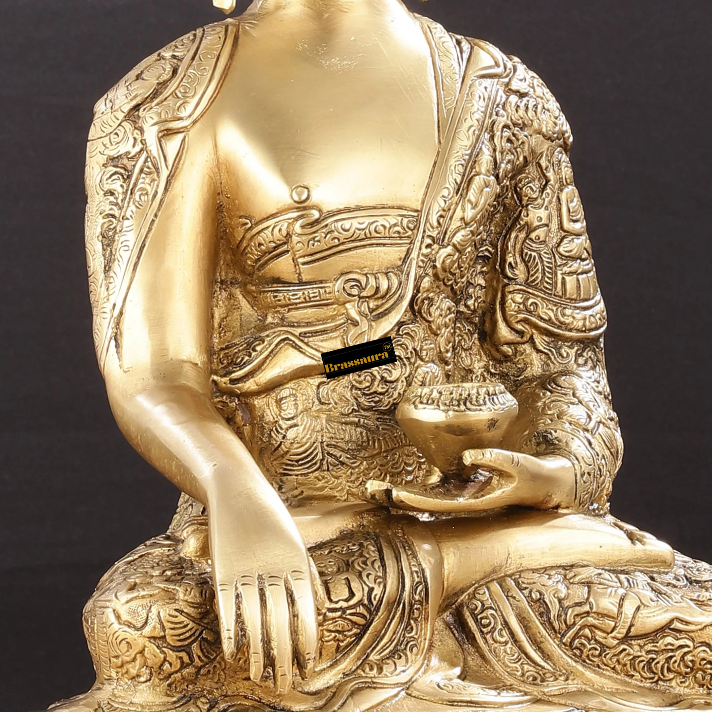 Brassaura™ Handcrafted Pure Brass Buddha Statue with Engraved Life Story – Height 15 Inches & Weight 7.8 Kgs