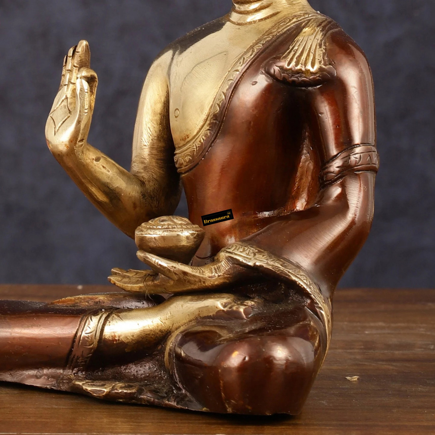 Brassaura™ Pure Brass Blessing Buddha Idol in Dual Tone – Height 7.5 Inches, Weight 1.8 Kgs