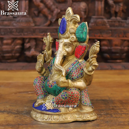 Brass Gem Stone Work Ganesha Weight 6 Kg & Height 11 Inch
