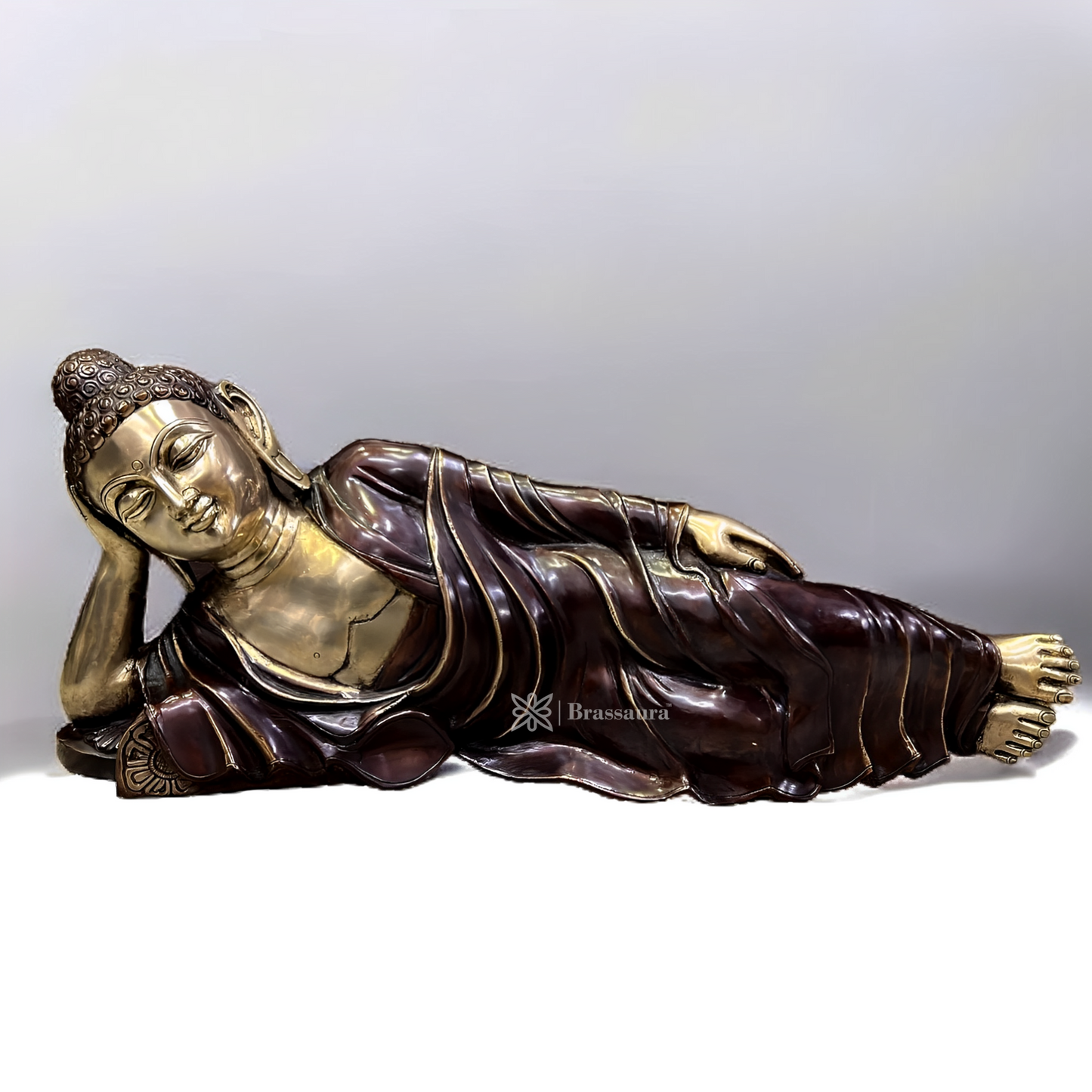 Brassaura™ Brass Resting Buddha Idol – Height 12 Inches, Weight 18 Kgs