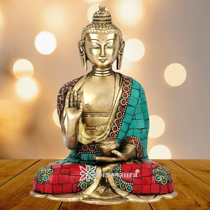Brass Blessing Gem Stone Work Buddha Weight 4.2 kg & Height 10 Inch