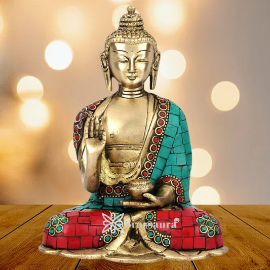 Brass Blessing Gem Stone Work Buddha Weight 4.2 kg & Height 10 Inch