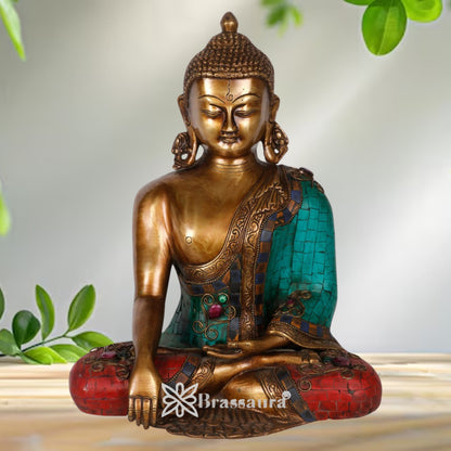 Brass Bhumisprasa Gem Stone Work Buddha Weight 6.5 kg & Height 12 Inch