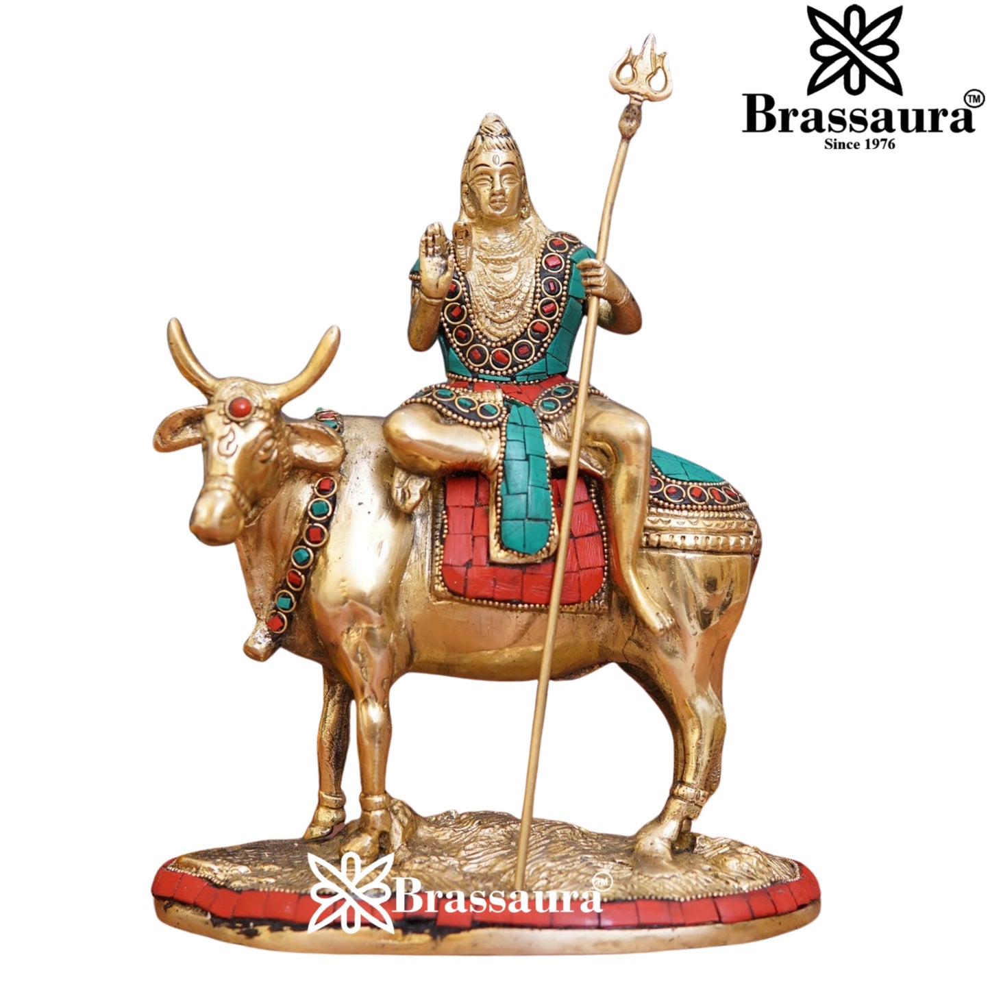 Brassaura™ Brass Gem Stone Work Shiva Sitting on Nandi , Height 9 Inches & Weight 3.4 Kgs