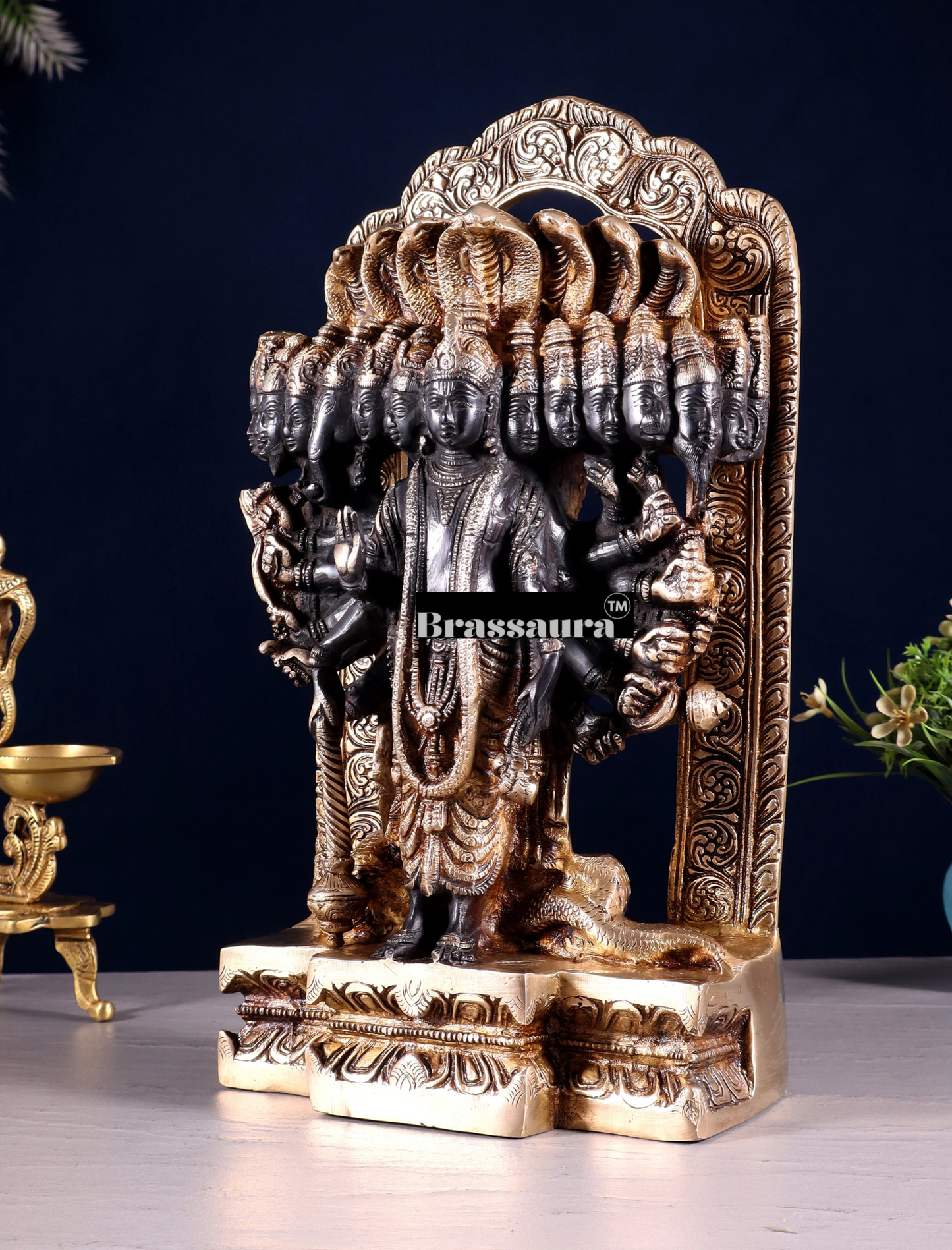 Brassaura™ Brass Vishwaroopam Lord Vishnu Statue – Height 14.5 Inches & Weight 9.5 Kgs | Black & Golden Finish